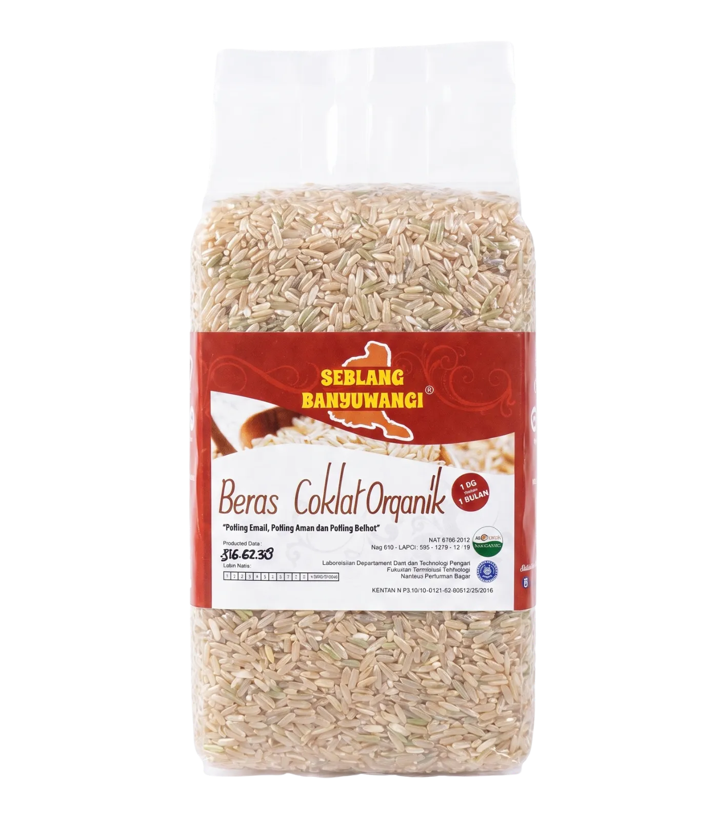 One-kilogram retail pack of Beras Coklat Organik, Sirtanio's Seblang Banyuwangi brown rice