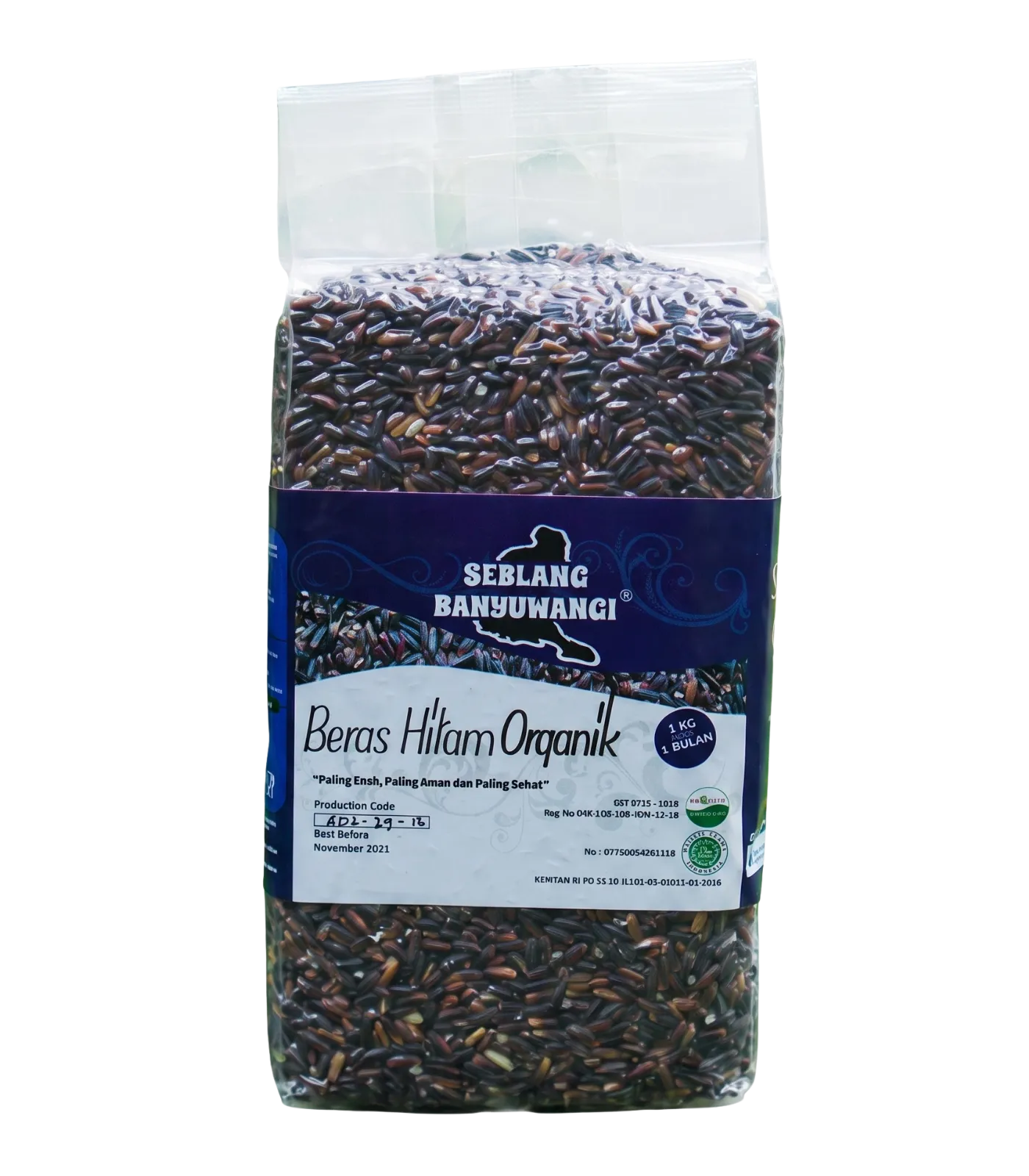 One-kilogram retail pack of Beras Hitam Organik, Sirtanio's Seblang Banyuwangi black rice