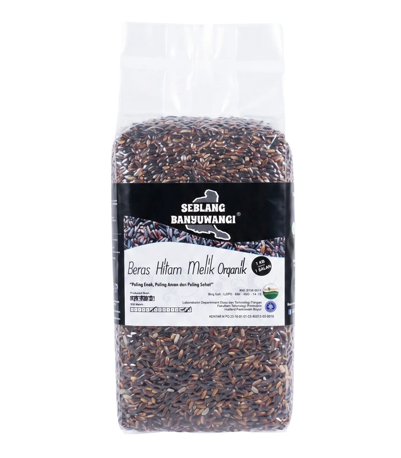 One-kilogram retail pack of Beras Hitam Melik Organik, Sirtanio's Seblang Banyuwangi melik black rice