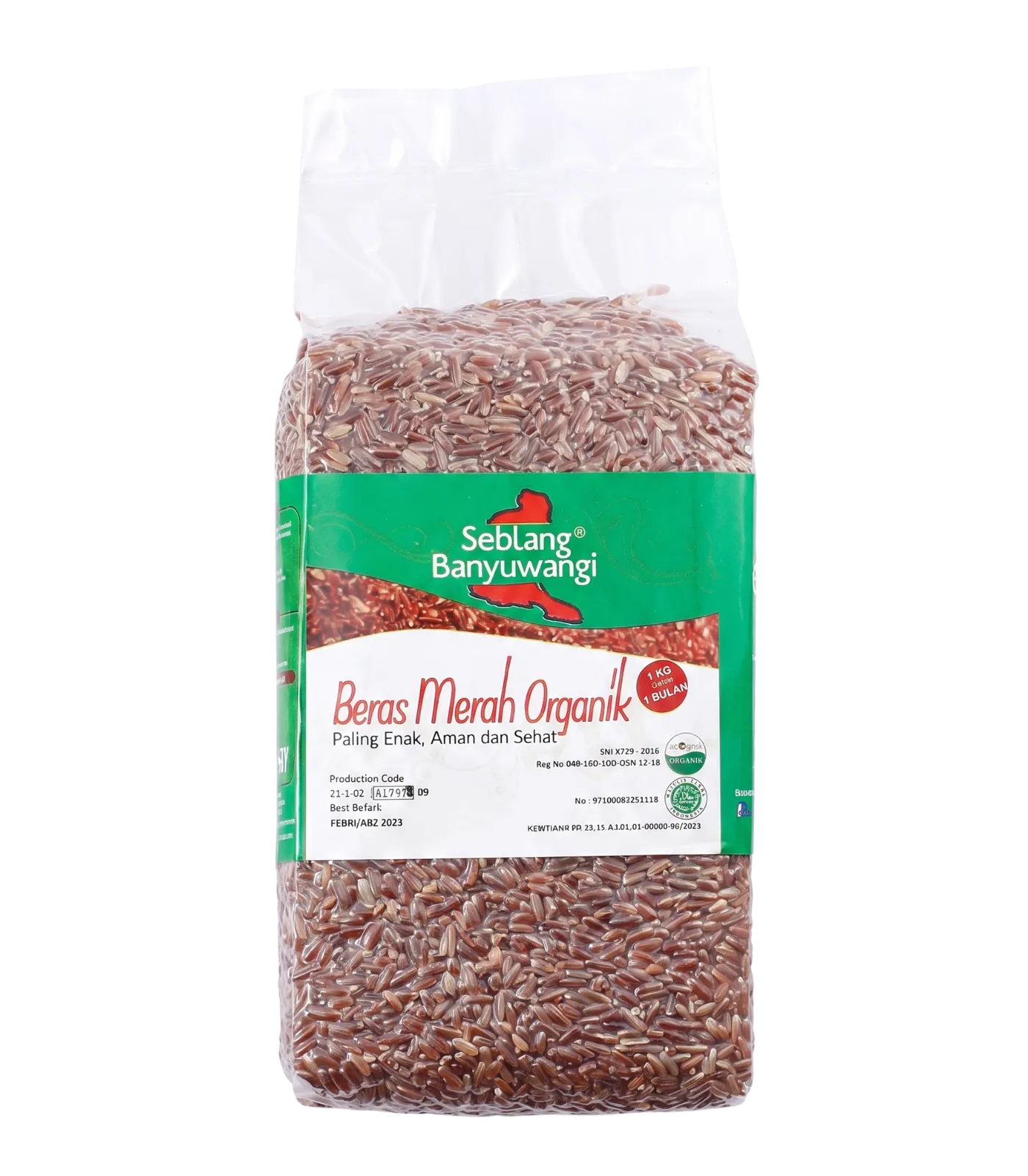One-kilogram retail pack of Beras Merah Organik, Sirtanio's Seblang Banyuwangi red rice