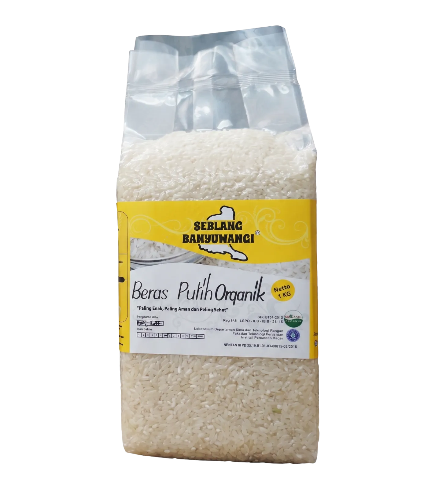 One-kilogram retail pack of Beras Putih Organik, Sirtanio's Seblang Banyuwangi white rice